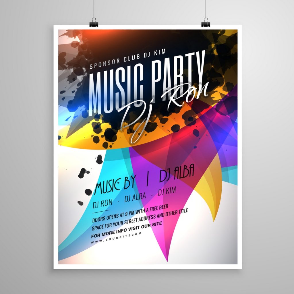 music party flyer template design with colorful abstract shapes